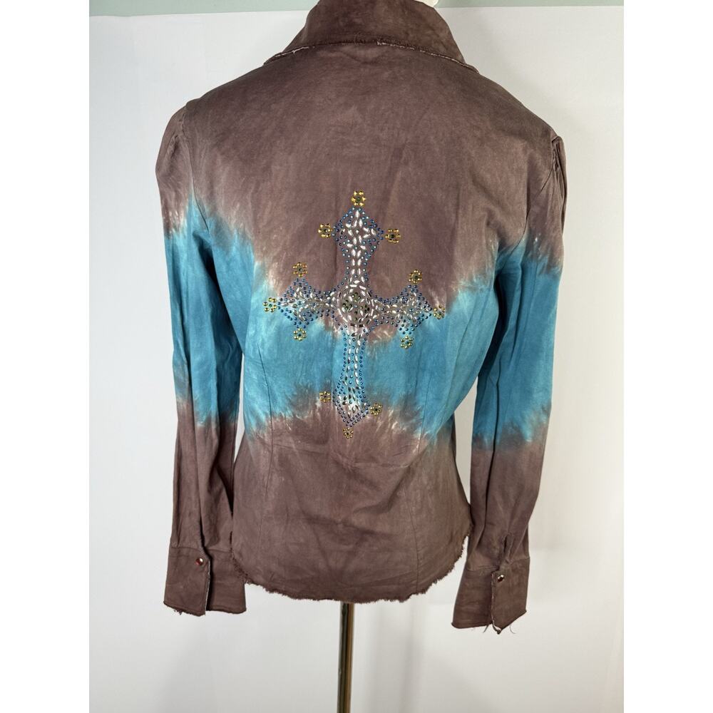 Vtg‎ Rampage Sz L Blue Brown Long Sleeve Pearl Snap Western Top Cross Bling Y2K